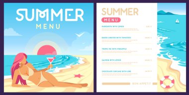Düz yaz menüsü tasarımı, tropik plaj arka planında mayo giymiş güzel bir kız. Vektör illüstrasyonu