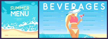 Tropik plaj arka planında mayo giymiş güzel bir kızın olduğu düz yaz kokteyl menüsü tasarımı. Vektör illüstrasyonu