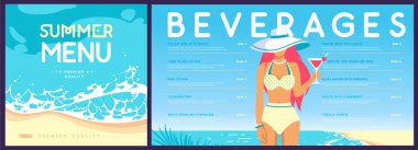 Tropik plaj arka planında mayo giymiş güzel bir kızın olduğu düz yaz kokteyl menüsü tasarımı. Vektör illüstrasyonu