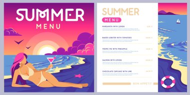Tropik plaj arka planında mayo giymiş güzel bir kızın olduğu eski düz yaz menüsü tasarımı. Vektör illüstrasyonu