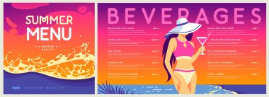 Tropik plaj arka planında mayo giymiş güzel bir kızın olduğu Retro Düz Yaz Kokteyl Menüsü Tasarımı. Vektör illüstrasyonu
