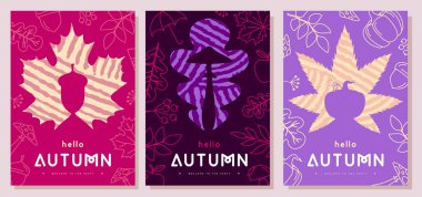 Sonbahar çiçekli ve siluetli retro düz sonbahar partisi posterleri. Mevsimlik satış posteri. Vektör illüstrasyonu