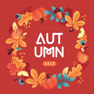 Sonbahar mevsimsel indirimli çelenk, çiçek unsurları ve sonbahar özellikleriyle. Vektör illüstrasyonu