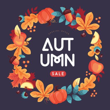 Sonbahar mevsimsel indirimli çelenk, çiçek unsurları ve sonbahar özellikleriyle. Vektör illüstrasyonu