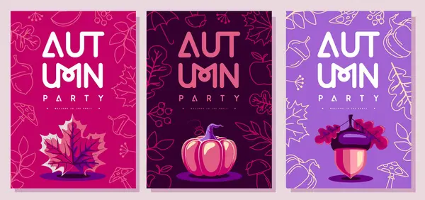 stock vector Set of retro flat autumn party posters with autumn floral attributes. Seasonal sale poster. Vector illustration