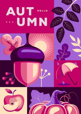 Retro düz sonbahar kapağı ya da sonbahar çiçekli parti posteri. Mevsimlik satış posteri. Vektör illüstrasyonu