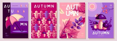Eski düz sonbahar kapakları ya da sonbahar çiçekli parti posterleri. Mevsimlik satış posteri. Vektör illüstrasyonu