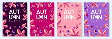 Sonbahar çiçeklerinin özellikleriyle dolu retro düz sonbahar partisi posterleri. Mevsimlik satış posteri. Vektör illüstrasyonu