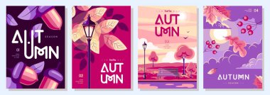 Eski düz sonbahar kapakları ya da sonbahar çiçekli parti posterleri. Mevsimlik satış posteri. Vektör illüstrasyonu