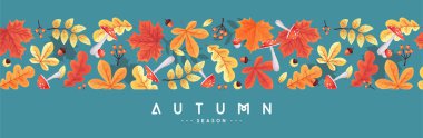 Yapraklar, mantarlar, çiçek elementleri ve sonbahar özellikleriyle sonbahar bayrağı. Vektör illüstrasyonu