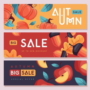 Balkabağı, meşe palamudu ve elmalı retro düz sonbahar büyük indirim pankartları. Mevsimlik satış posteri. Vektör illüstrasyonu