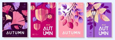 Eski düz sonbahar kapakları ya da sonbahar çiçekli parti posterleri. Mevsimlik satış posteri. Vektör illüstrasyonu