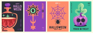 Örümcek ağlı düz Cadılar Bayramı parti posterleri, Cadılar Bayramı balkabağı, sihirli iksir ve anahtar. Cadılar Bayramı 'nın ürkütücü geçmişi. Vektör illüstrasyonu