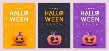 Cadılar bayramında gülümseyen balkabaklarıyla dolu düz cadılar bayramı parti posterleri. Cadılar Bayramı 'nın ürkütücü geçmişi. Vektör illüstrasyonu