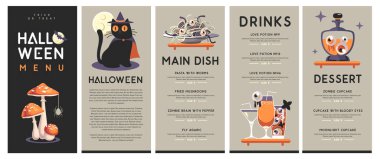 Kara kedili cadılar bayramı düz menü tasarımı, kokteyller, sihirli iksirler ve sineklik. Cadılar Bayramı 'nın ürkütücü geçmişi. Vektör illüstrasyonu