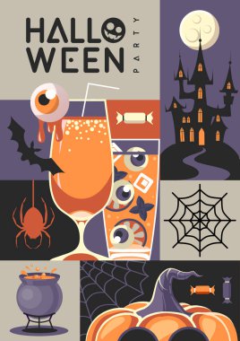Cadılar Bayramı 'nda kokteyl, dolunay, yarasa, Cadılar Bayramı balkabağı, örümcek ve yarasa dolu bir poster. Cadılar Bayramı 'nın ürkütücü geçmişi. Vektör illüstrasyonu
