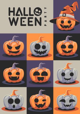 Halloween  flat party poster with cartoon smiling halloween pumpkins. Halloween spooky background. Vector illustration clipart