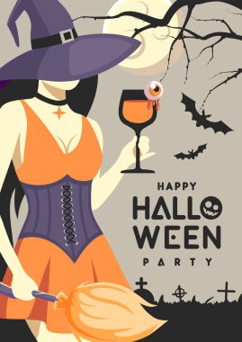 Halloween flat party poster with young witch in hat and magic potion. Halloween spooky background. Vector illustration clipart