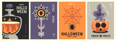 Örümcek ağlı düz Cadılar Bayramı parti posterleri, Cadılar Bayramı balkabağı, sihirli iksir ve anahtar. Cadılar Bayramı 'nın ürkütücü geçmişi. Vektör illüstrasyonu