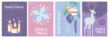 Mutlu Noeller ve mutlu yıllar tebrik kartları, kapaklar ya da tatil niteliğinde posterler. Noel arkaplanı. Düz dizayn. Vektör illüstrasyonu