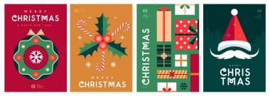 Mutlu Noeller ve mutlu yıllar tebrik kartları, kapaklar ya da tatil niteliğinde posterler. Noel arkaplanı. Düz dizayn. Vektör illüstrasyonu