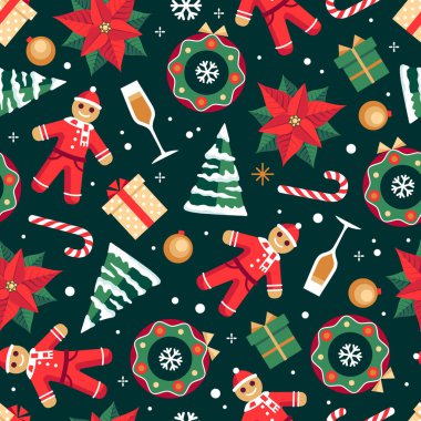 Noel tatilinde zencefilli çörek adam, Noel ağacı, puantiye ve bir bardak şampanyayla kusursuz bir düzen. Noel arkaplanı. Vektör illüstrasyonu