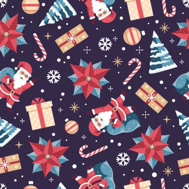 Noel Baba, Noel ağacı, noel aroması ve baston şekerlerle kusursuz bir Noel tatili. Noel arkaplanı. Vektör illüstrasyonu