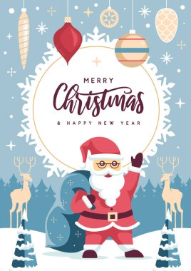 Mutlu Noeller ve yeni yıl tebrik kartı, Noel Baba ile kapak ya da poster. Noel arkaplanı. Düz dizayn. Vektör illüstrasyonu