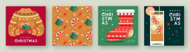 Mutlu Noeller ve mutlu yıllar tebrik kartları, kapaklar ya da tatil niteliğinde posterler. Noel arkaplanı. Düz dizayn. Vektör illüstrasyonu