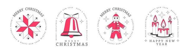 Set of modern Merry Christmas and Happy New Year line art logo, label or emblem design with snowflake, gingerbread man, burning candles and jingle bell. Vector illustration