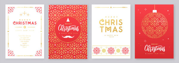 Set of Merry Christmas and Happy New Year modern greeting cards, covers or posters with holiday decoration. Christmas background. Vector illustration