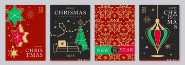 Modern sanat seti Mutlu Noeller ve mutlu yıllar tebrik kartları, kapaklar ya da tatil süslemeleri olan posterler. Noel arkaplanı. Vektör illüstrasyonu