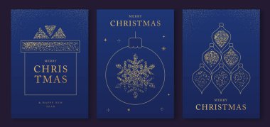 Lüks bir Noel seti ve mutlu yıllar tebrik kartları, kapaklar ya da altın tatili süslemeli posterler. Noel mavisi arka plan. Vektör illüstrasyonu