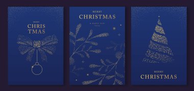 Lüks bir Noel seti ve mutlu yıllar tebrik kartları, kapaklar ya da altın tatili süslemeli posterler. Noel mavisi arka plan. Vektör illüstrasyonu