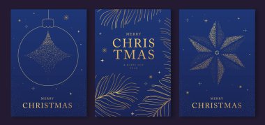 Lüks bir Noel seti ve mutlu yıllar tebrik kartları, kapaklar ya da altın tatili süslemeli posterler. Noel mavisi arka plan. Vektör illüstrasyonu