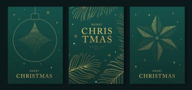Lüks bir Noel seti ve mutlu yıllar tebrik kartları, kapaklar ya da altın tatili süslemeli posterler. Noel yeşili arka plan. Vektör illüstrasyonu