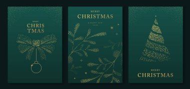 Lüks bir Noel seti ve mutlu yıllar tebrik kartları, kapaklar ya da altın tatili süslemeli posterler. Noel yeşili arka plan. Vektör illüstrasyonu