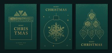 Set of luxury Merry Christmas and Happy New Year greeting cards, covers or posters with gold holiday decoration. Christmas green background. Vector illustration clipart