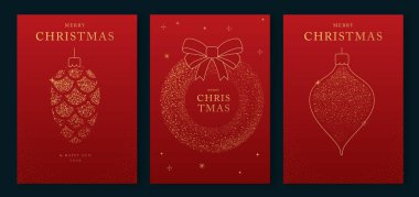 Lüks bir Noel seti ve mutlu yıllar tebrik kartları, kapaklar ya da altın tatili süslemeli posterler. Noel kırmızı arka planı. Vektör illüstrasyonu