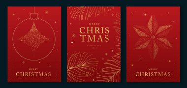 Set of luxury Merry Christmas and Happy New Year greeting cards, covers or posters with gold holiday decoration. Christmas red background. Vector illustration clipart