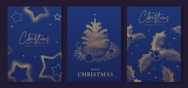 Lüks bir Noel seti ve mutlu yıllar tebrik kartları, kapaklar ya da altın tatili süslemeli posterler. Noel mavisi arka plan. Vektör illüstrasyonu