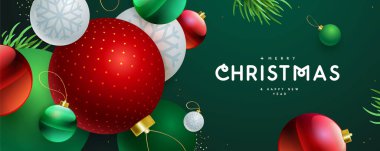 Mutlu Noeller ve mutlu yeni yıl afişleri ya da üç boyutlu renkli top küreli afişler. Noel yeşili arka plan. Vektör illüstrasyonu