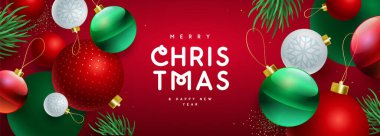 Mutlu Noeller ve mutlu yeni yıl afişleri ya da üç boyutlu renkli top küreli afişler. Noel kırmızı arka planı. Vektör illüstrasyonu