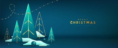 Üç boyutlu Noel ağaçlarıyla birlikte Noel gösterisi mavi arka planı. Soyut asgari sahne. Vektör illüstrasyonu