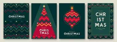 Set of Merry Christmas and Happy New Year greeting cards, covers or posters with holiday pattern. Christmas background. Flat design. Vector illustration clipart