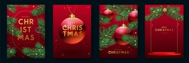 Mutlu Noeller ve üç boyutlu renkli balo küreleri ve Noel ağacı olan yeni yıl tebrik kartları seti. Noel kırmızı arka planı. Vektör illüstrasyonu