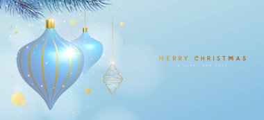 Noel tatili gümüş arka planında 3 boyutlu plastik takılar veya oyuncaklar ve Noel ağacı dalları var. Noel tebrik kartı, poster, afiş. Vektör illüstrasyonu