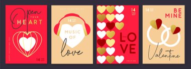 Sevgililer Gününüz kutlu olsun tebrik kartları, kapaklar ya da aşk dolu posterler. Sevgililer Günü. Düz dizayn. Vektör illüstrasyonu