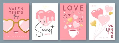 Sevgililer Gününüz kutlu olsun tebrik kartları, kapaklar ya da aşk dolu posterler. Sevgililer Günü. Düz dizayn. Vektör illüstrasyonu