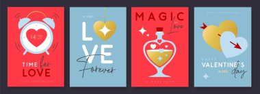 Sevgililer Gününüz kutlu olsun tebrik kartları, kapaklar ya da aşk dolu posterler. Sevgililer Günü. Düz dizayn. Vektör illüstrasyonu
